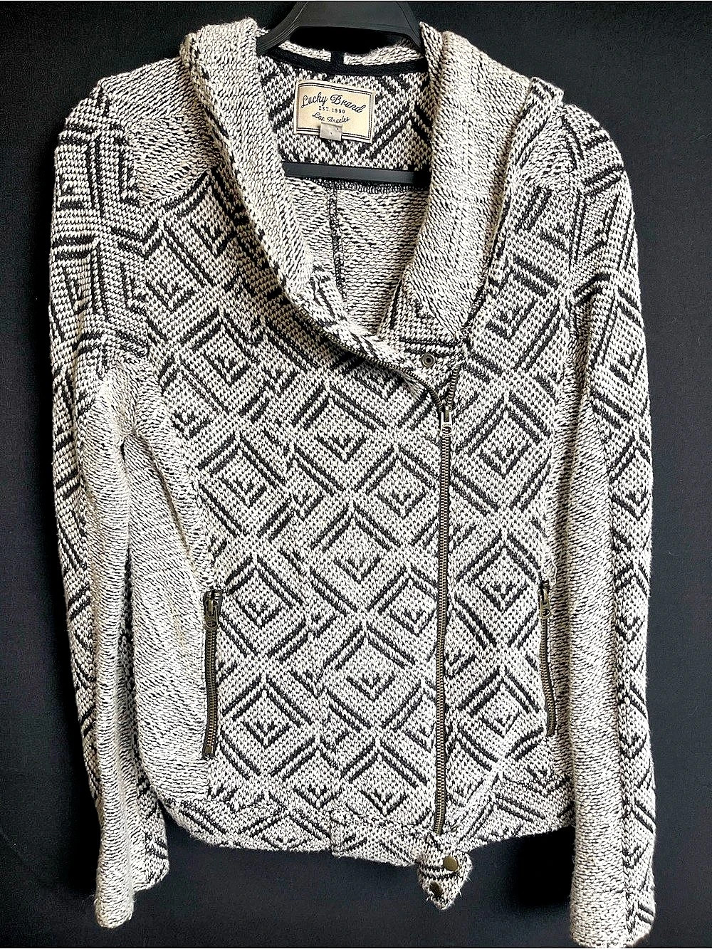 Lucky Brand Geometric Zip Cardigan in Black & White
